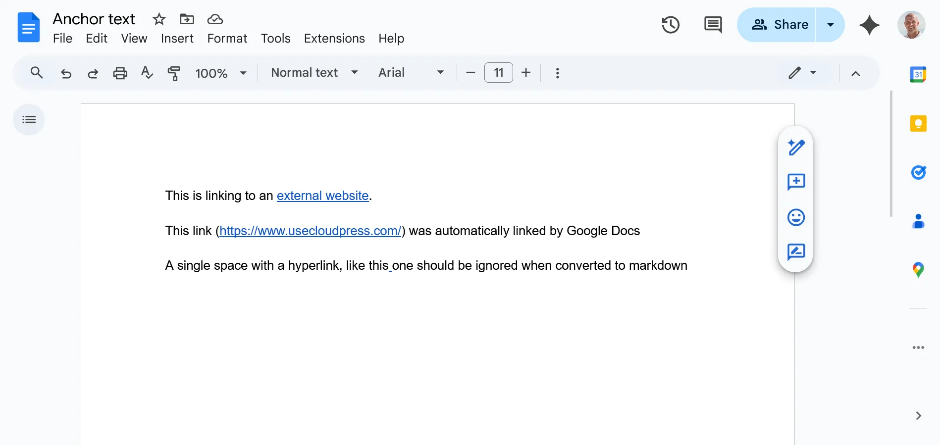 The Google Doc for testing anchor text