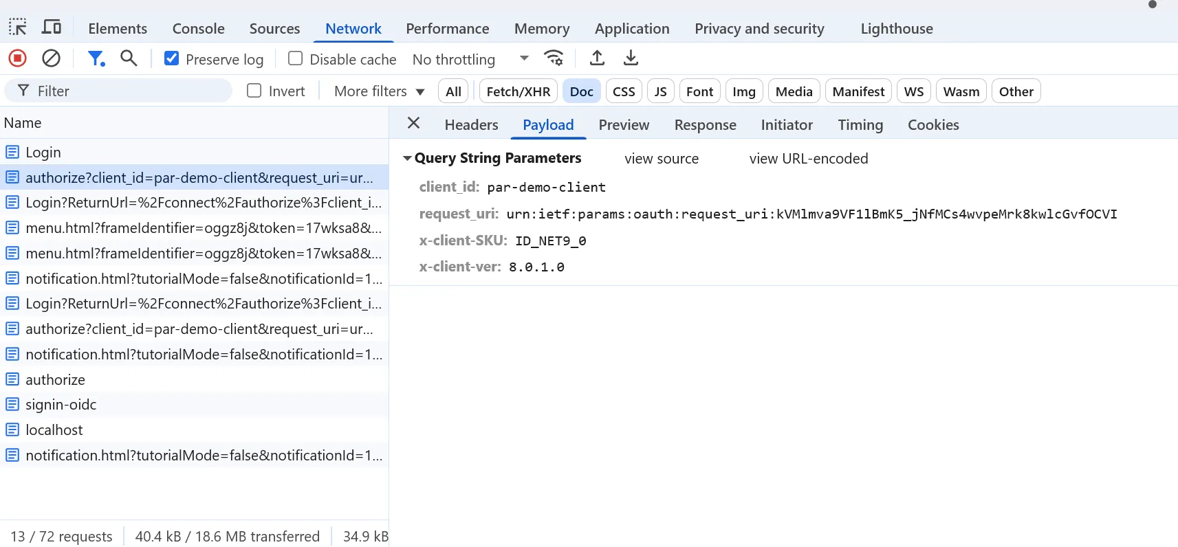 Authorization request with PAR enabled