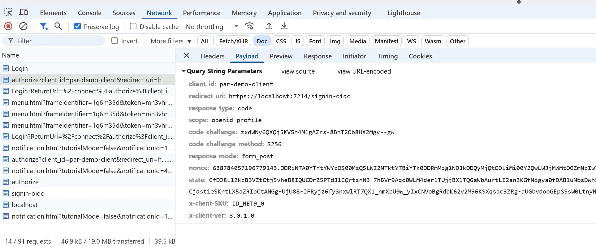 The authorization request without PAR enabled