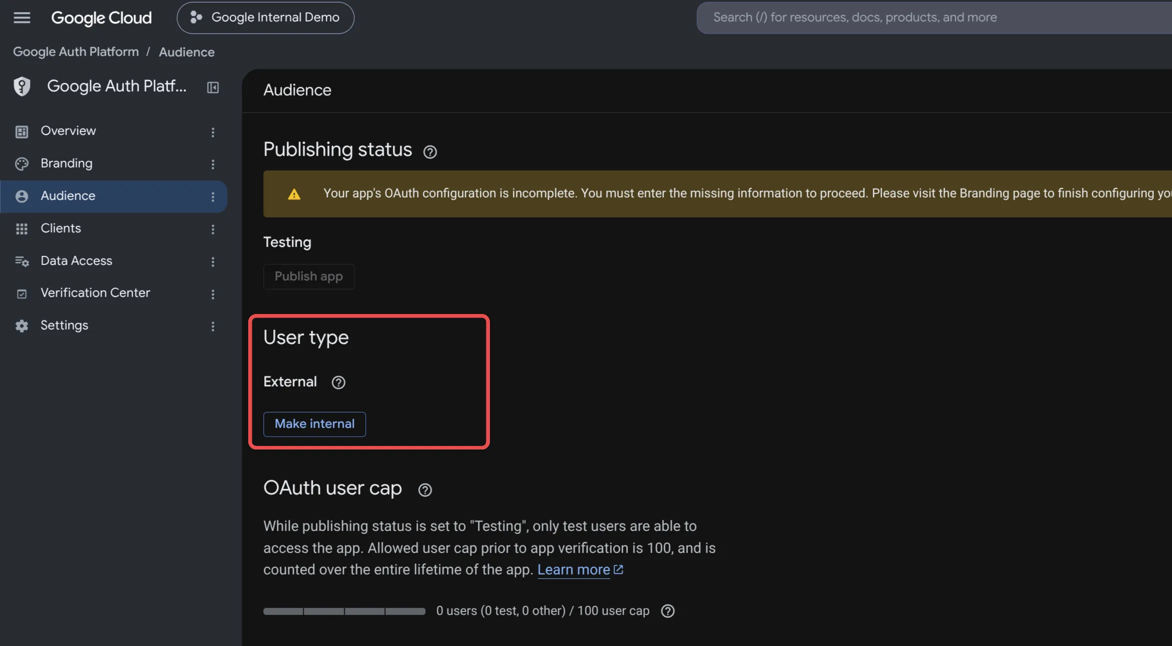 Change application to internal users