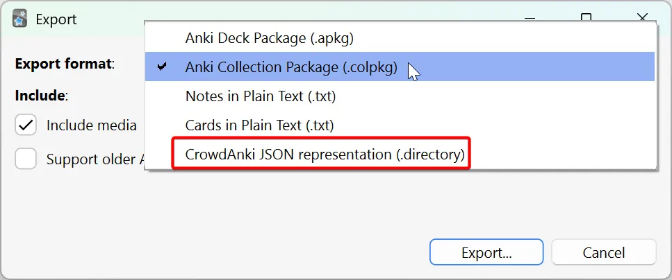 The CrowdAnki JSON representation export option