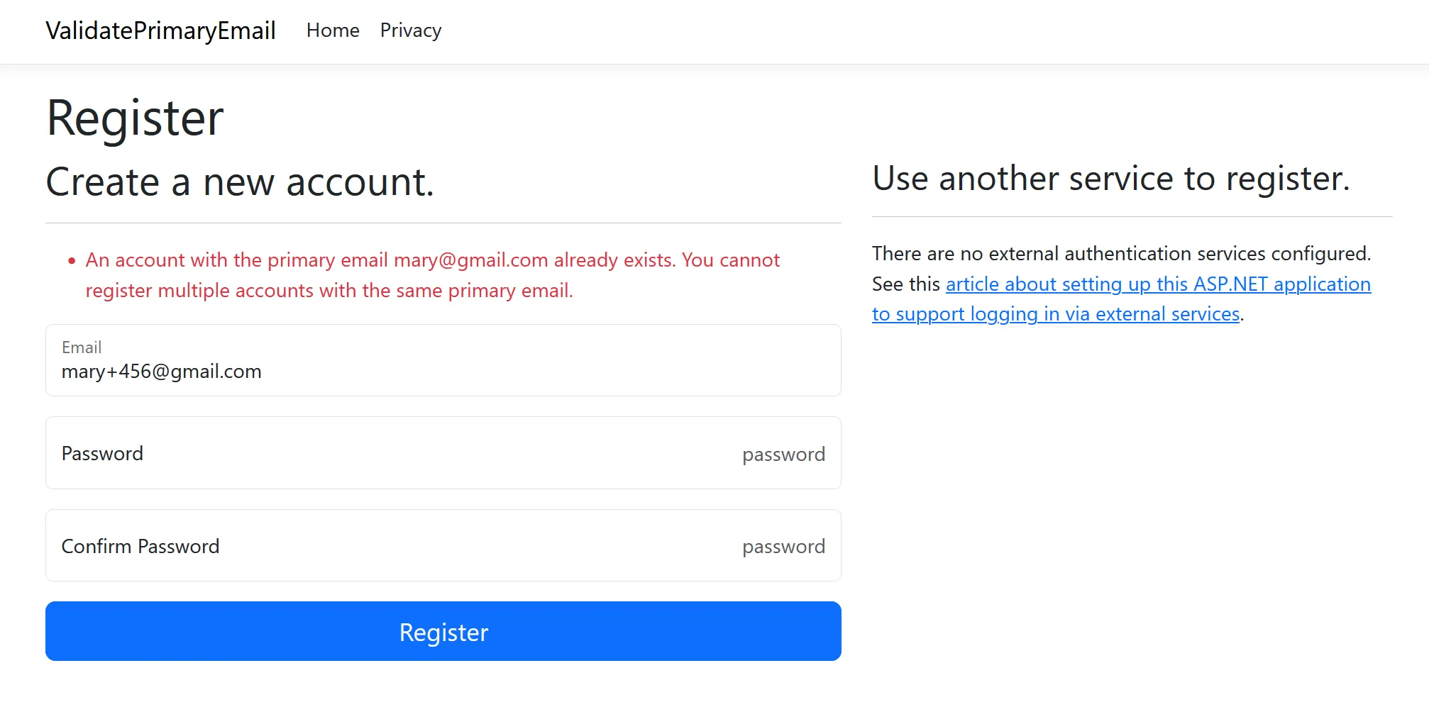 An error message due to a duplicate primary email address