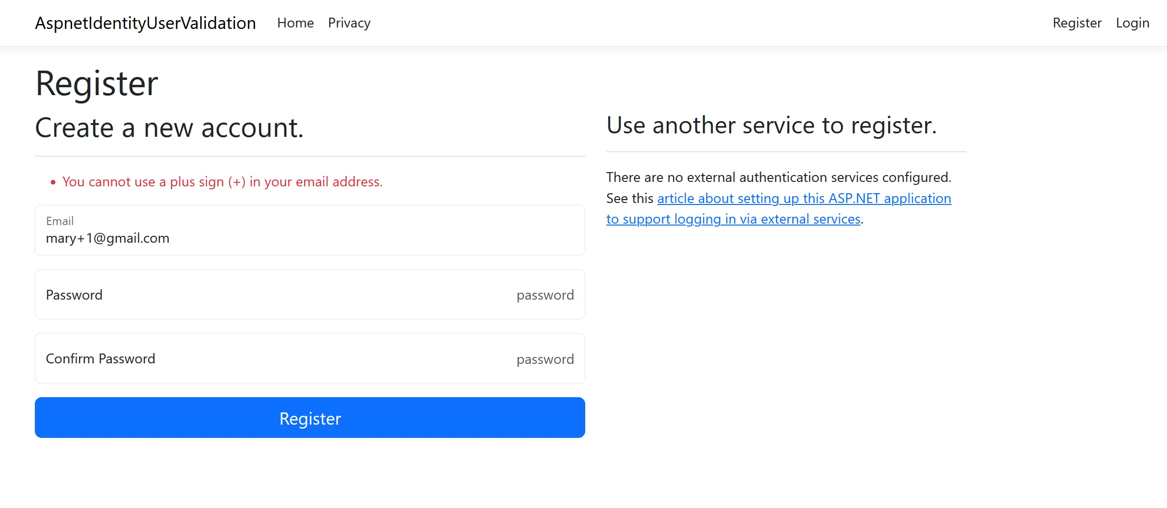 Error message during signup