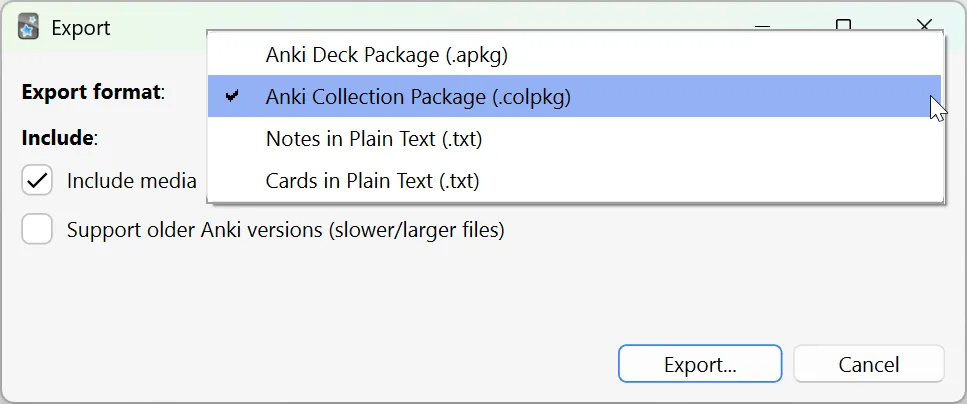 Standard export formats for Anki