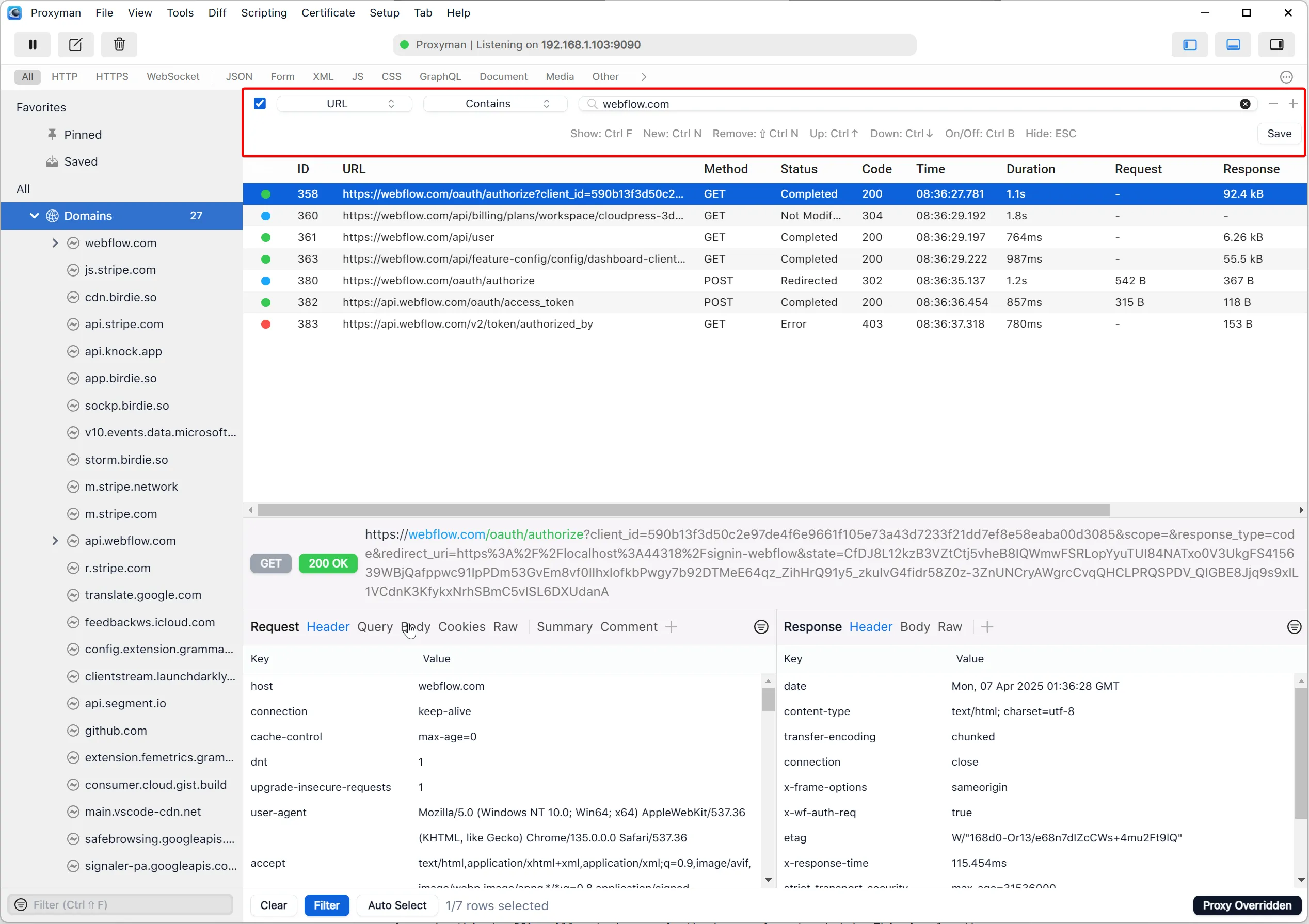 Filter requests by domain