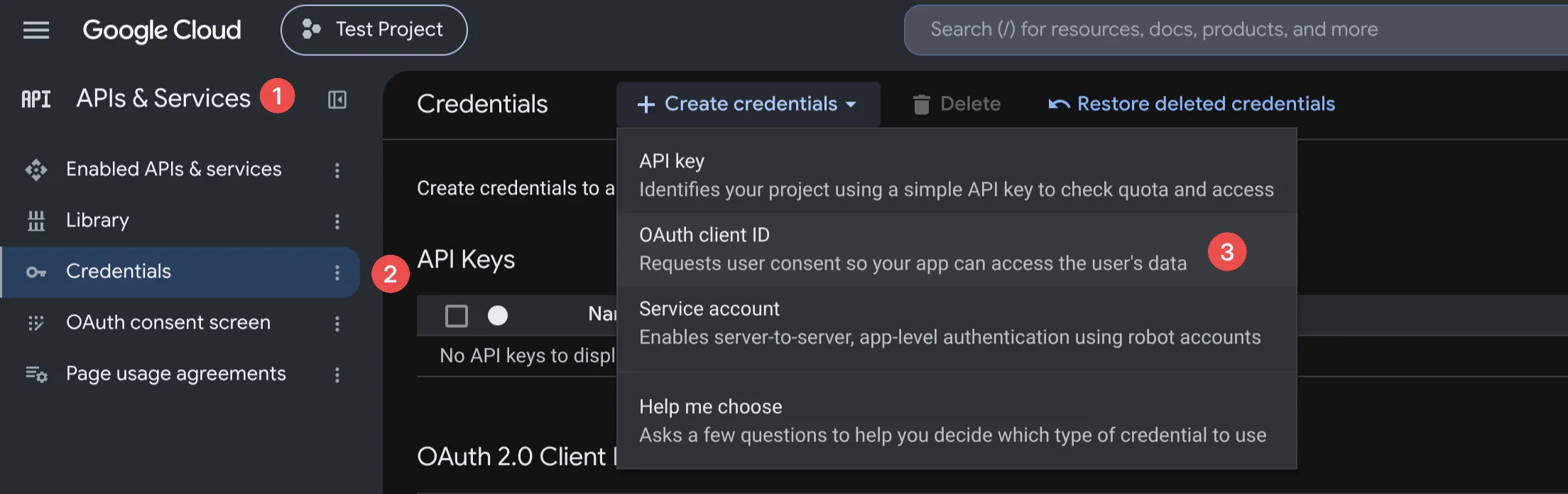 The Google API Credentials page