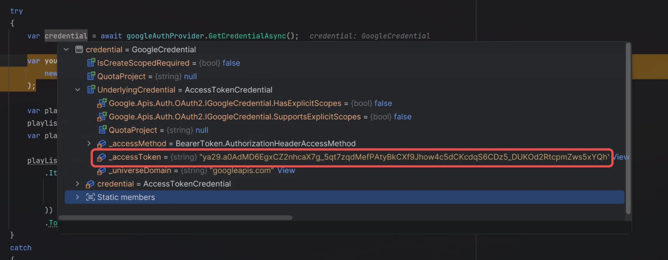 Viewing the Google credential
