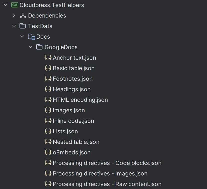 The Google Docs test JSON responses