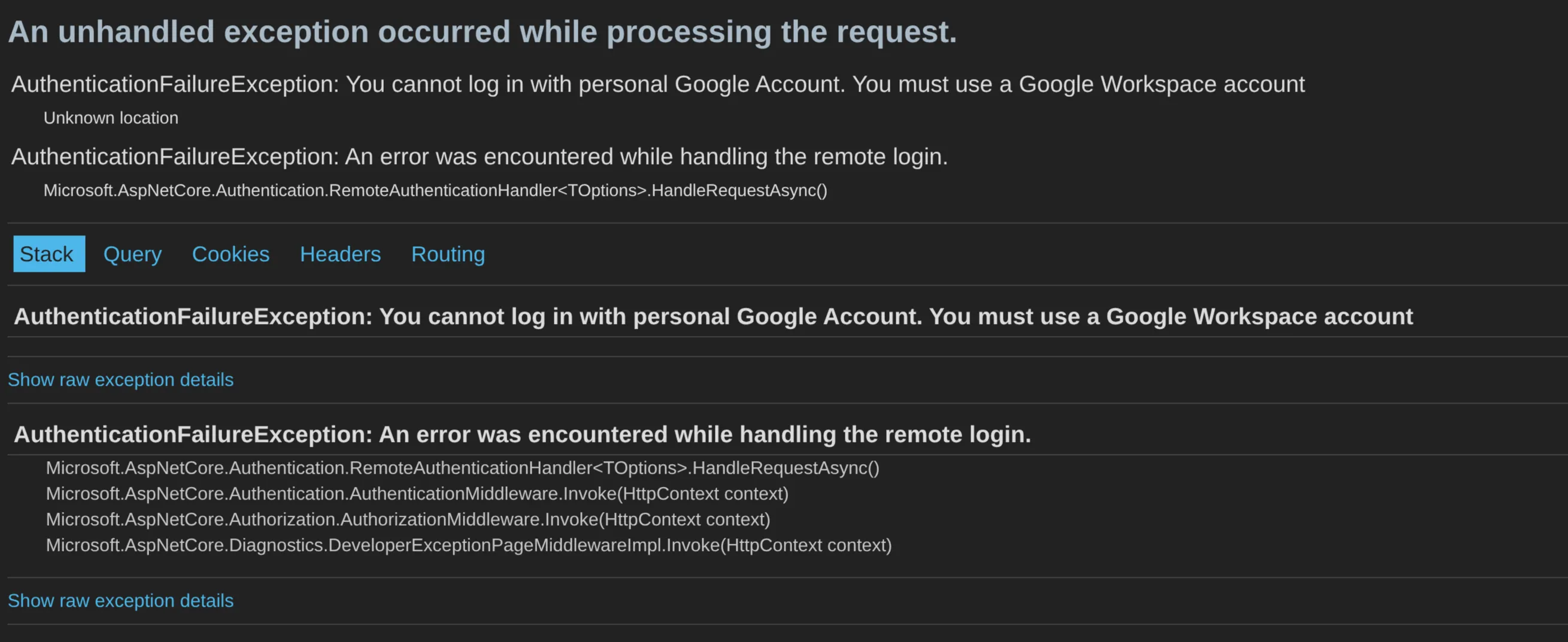 Error when logging in with a personal account