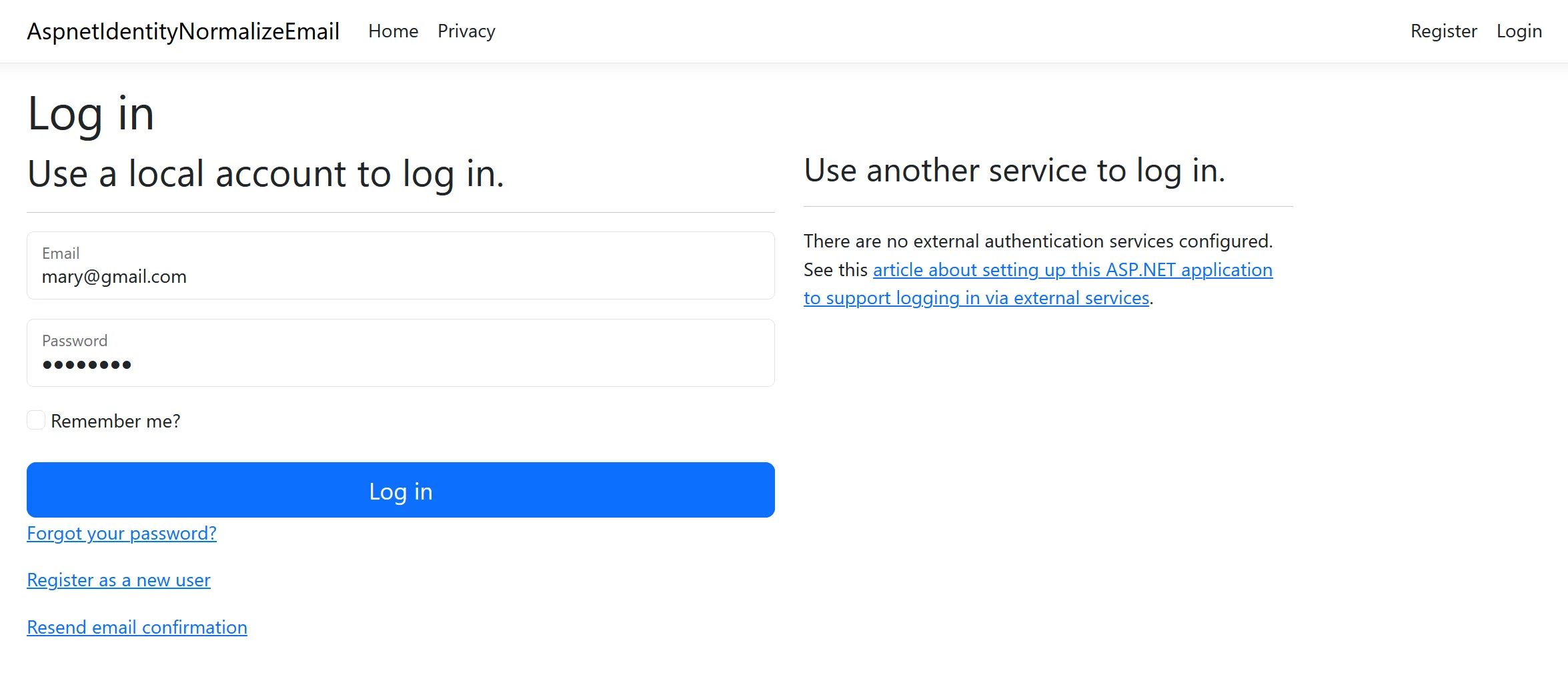 Logging in with the primary email address