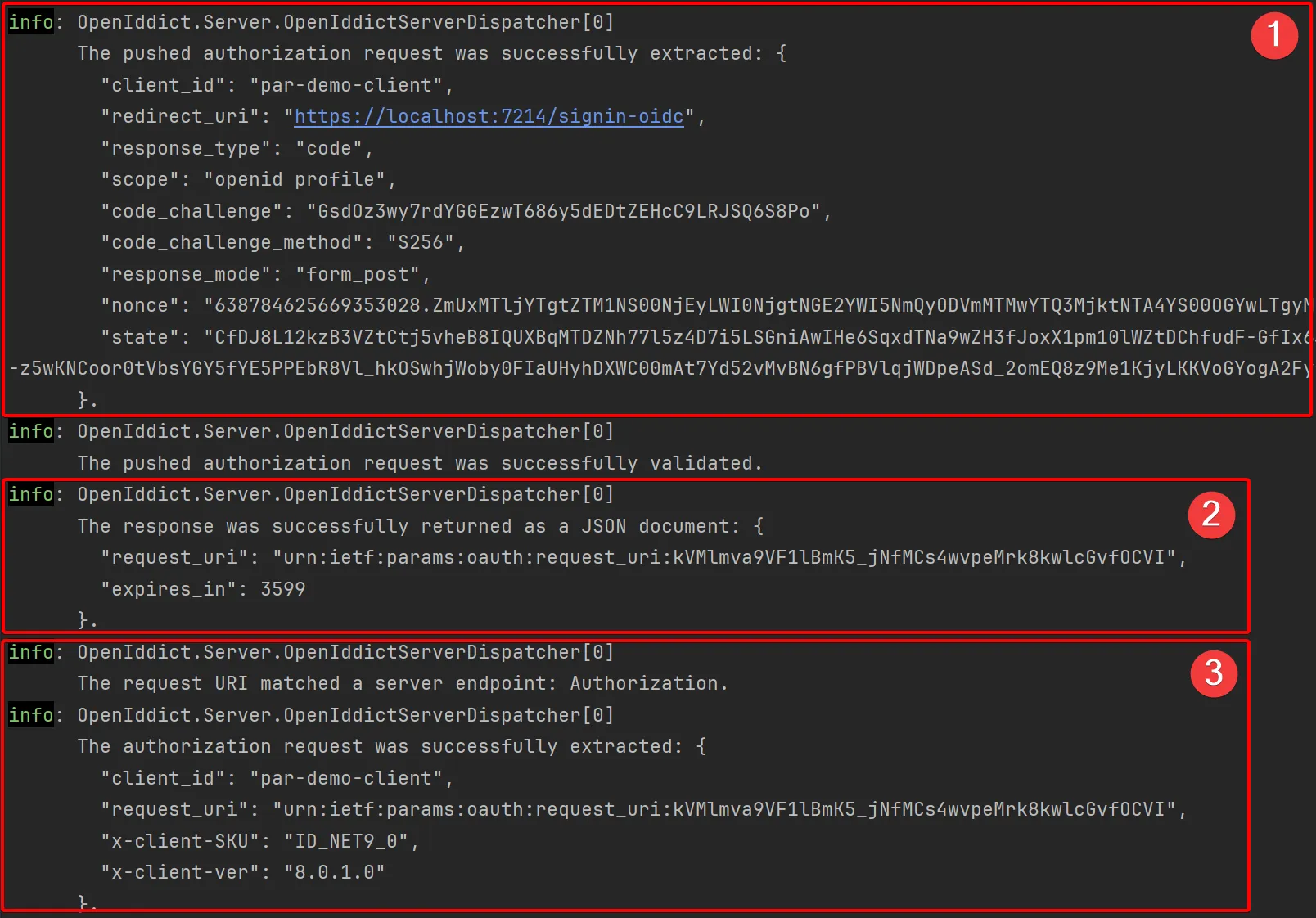 The requests logged in the OpenIddict server