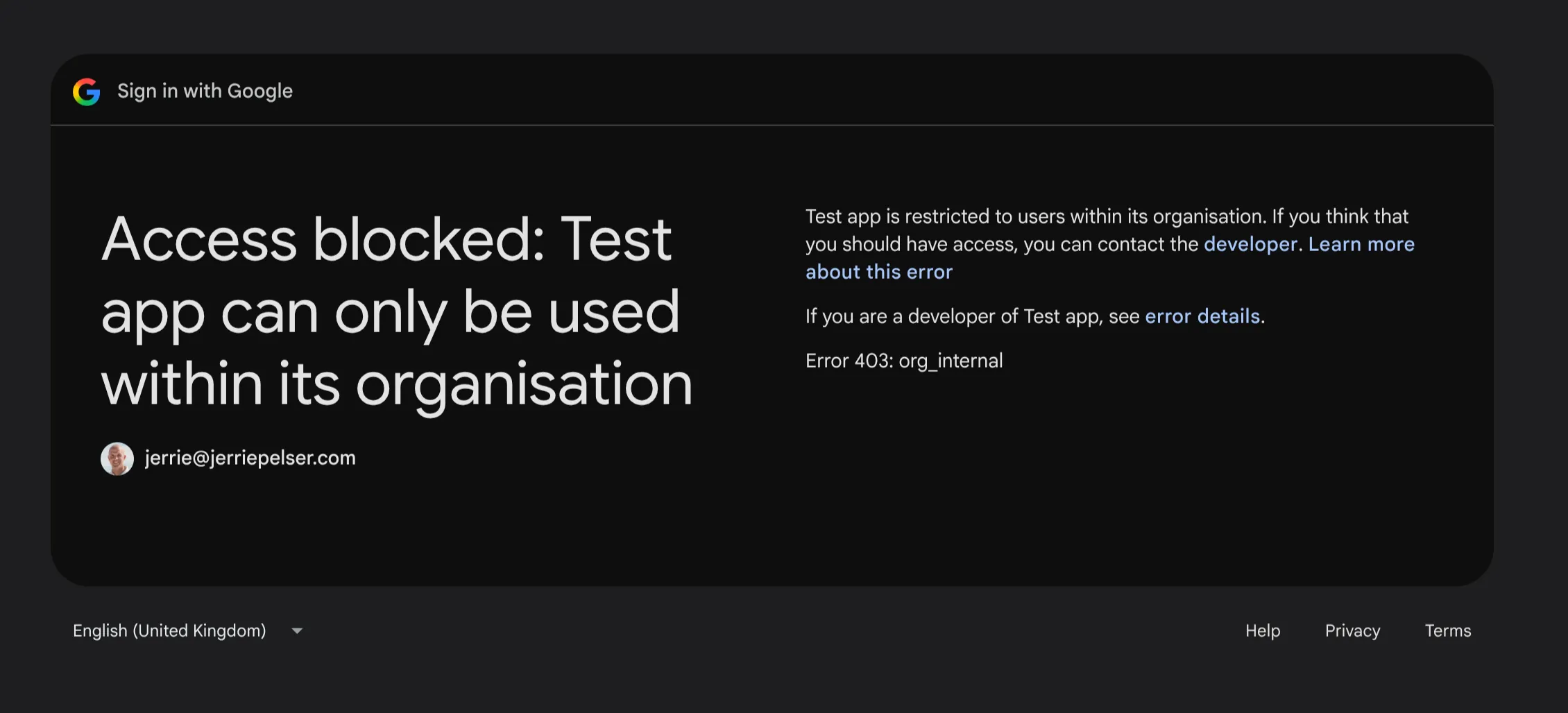 Internal Organization error message
