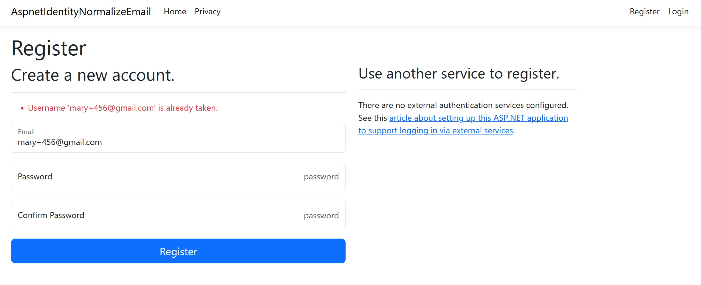 Attempting to register a user with the same base email address