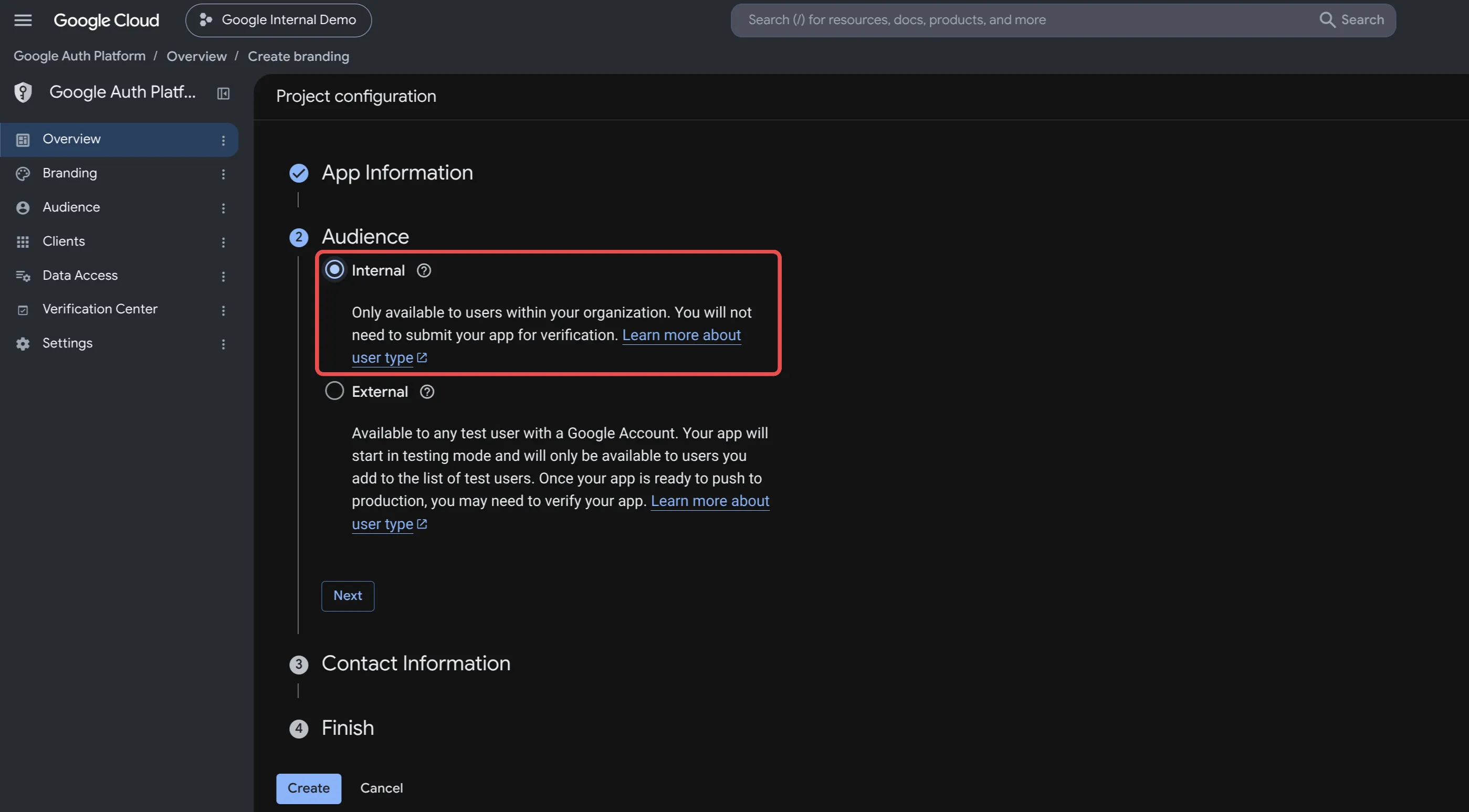 Select Internal Users during OAuth configuration