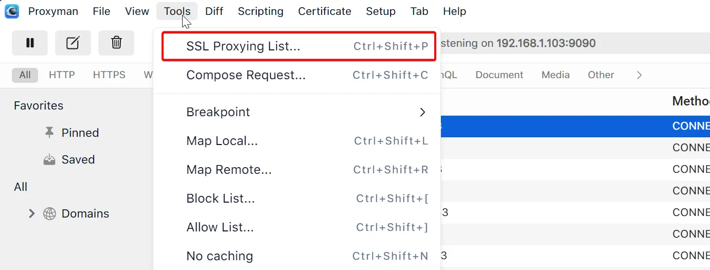 Open the SSL Proxying List menu item