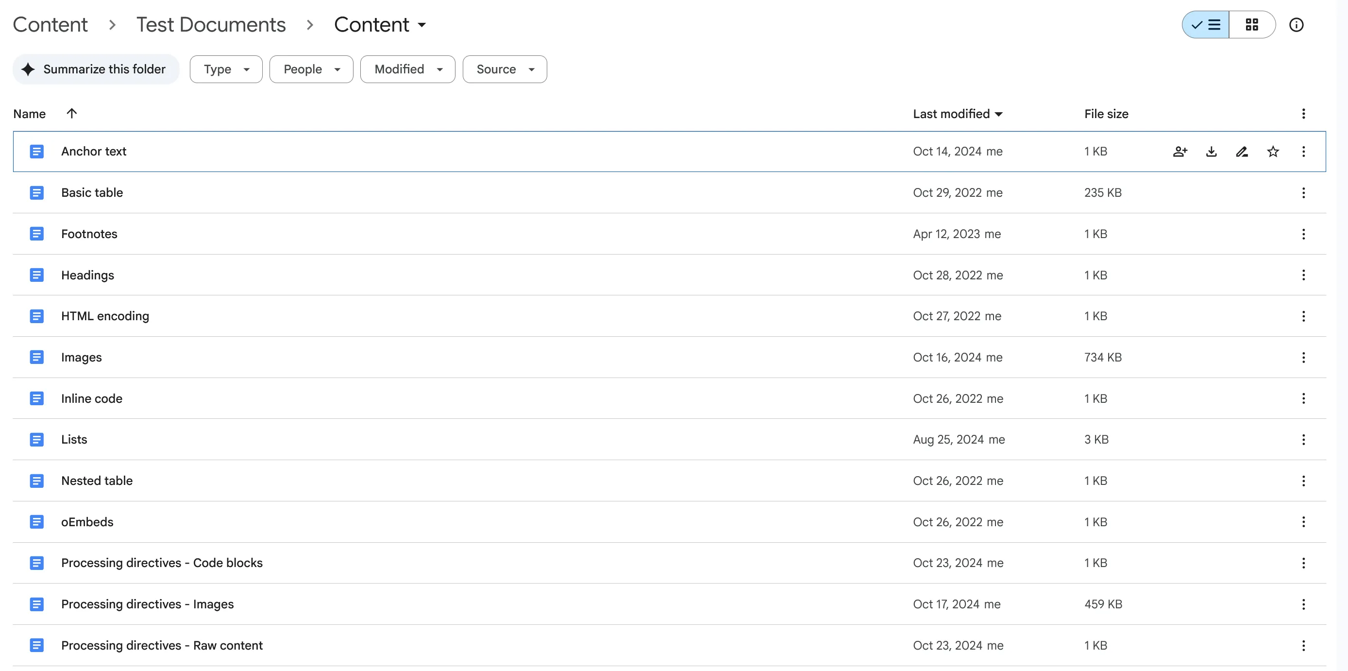 The Cloudpress test suite of documents inside Google Drive