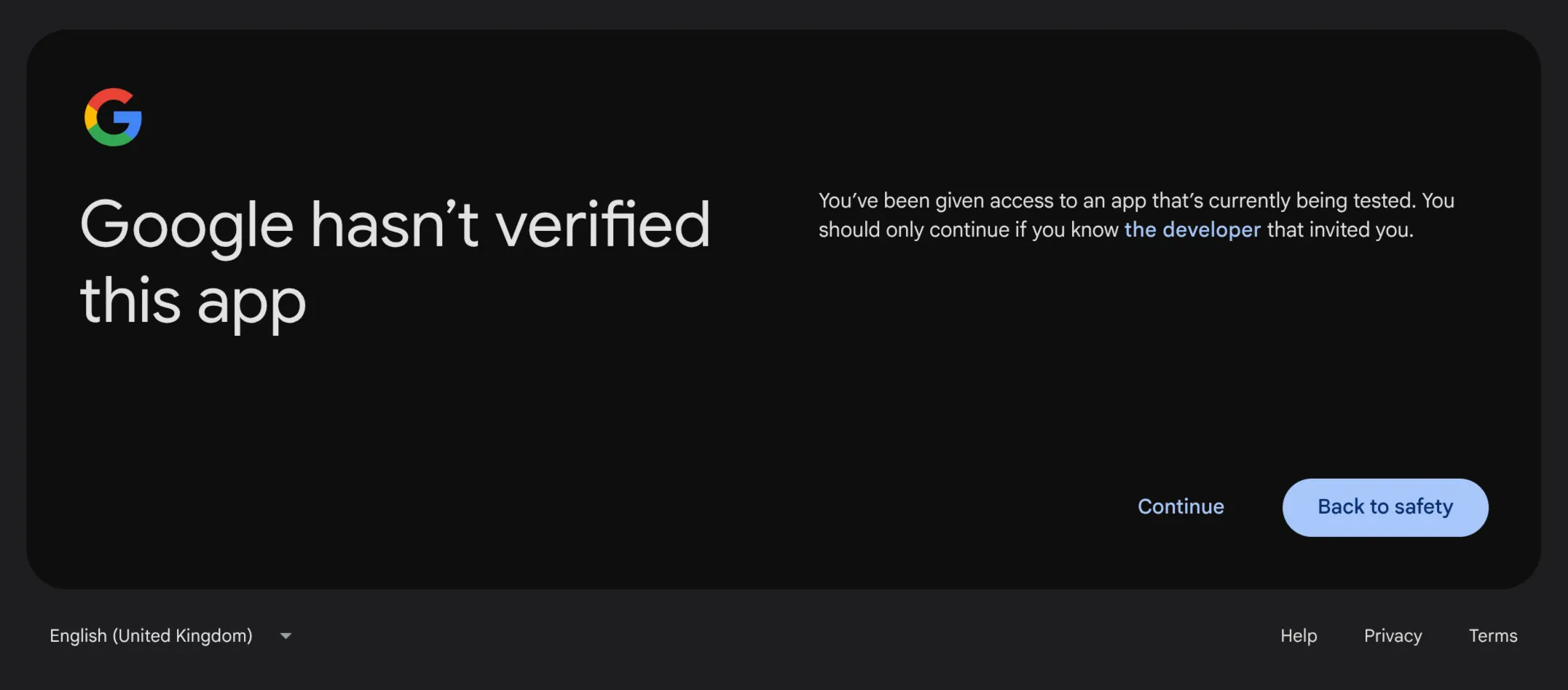 Warning presented to test users