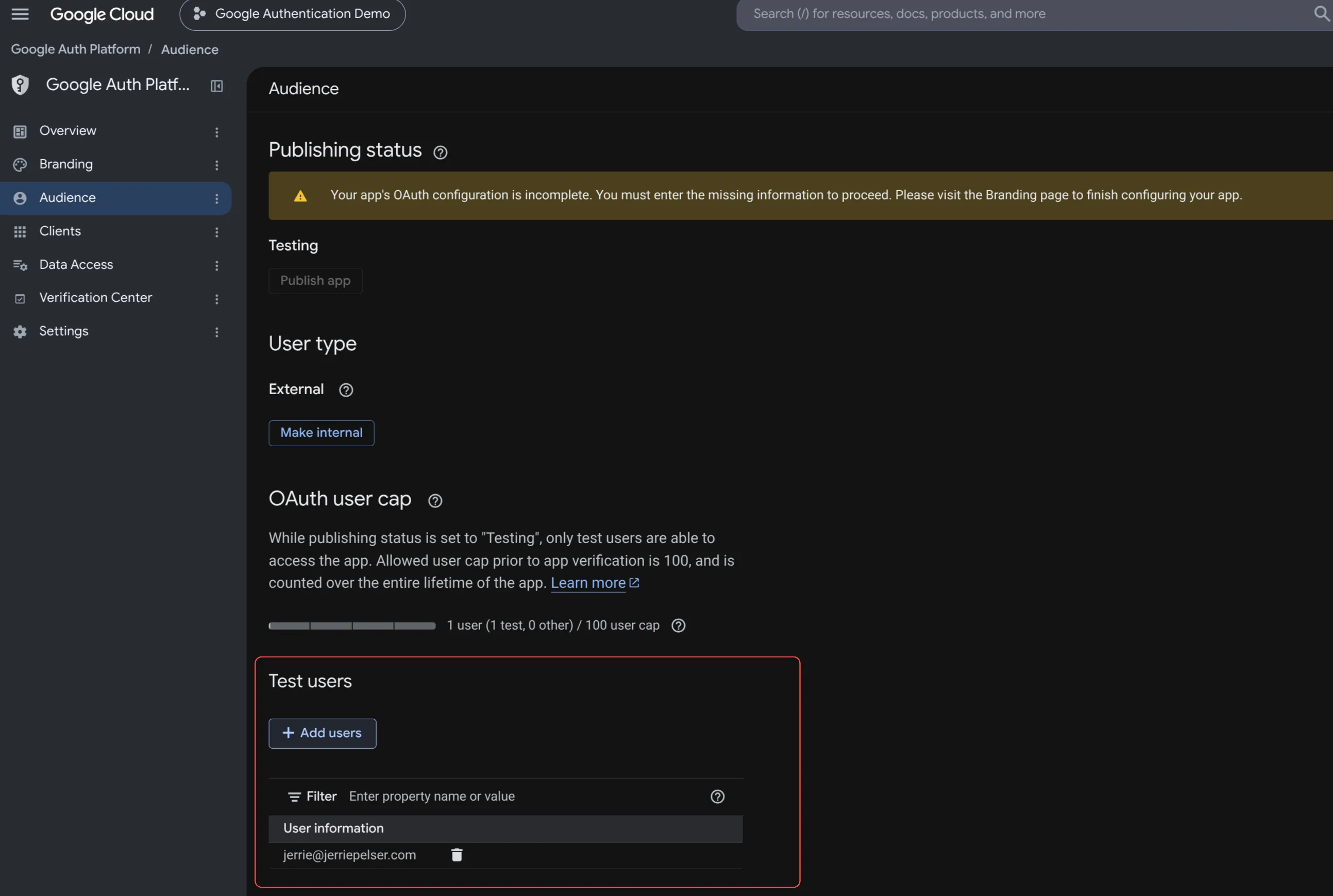 Test users section under the audience