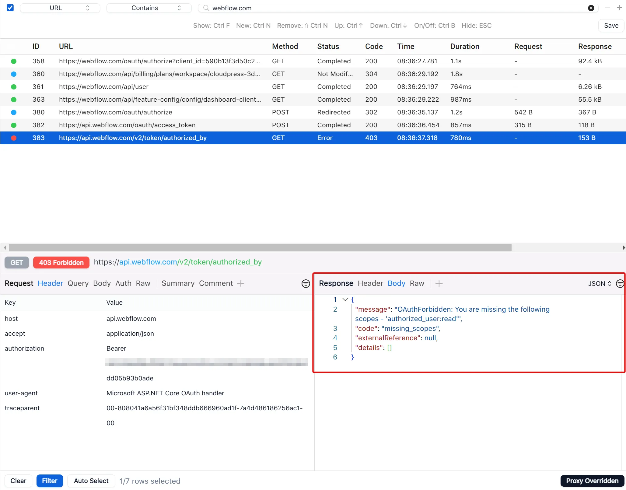 View the error response from Webflow