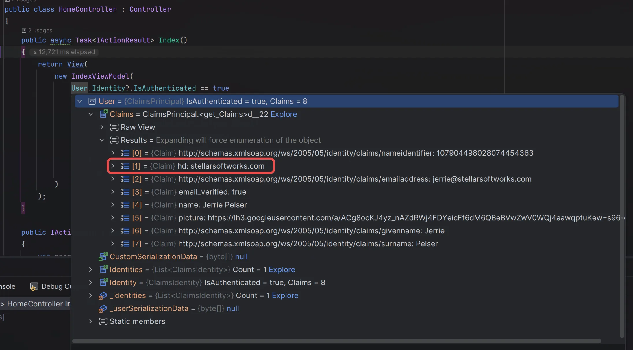 Viewing the user claims